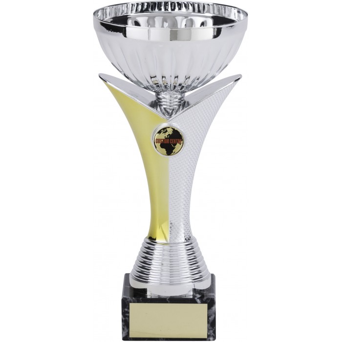 SILVER METAL TROPHY CUP ON GOLD/SILVER V-SHAPED RISER WITH CUSTOM CENTRE AVAILABLE IN 4 SIZES